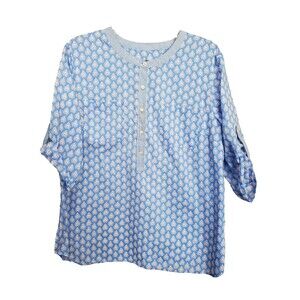 Talbots Blue Geo Print Cotton Geo Print Roll-Tab Sleeve Henley Tunic Size XL